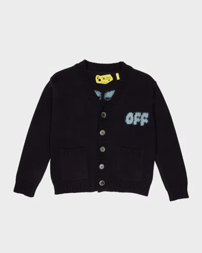 Off-white Kids' Boy's Faded Logo-print Chunky Knit Cardigan In Black