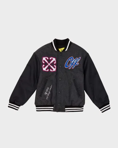 Off-white Kids' Boy's Logo Patch Varsity Jacket In Anthracite White
