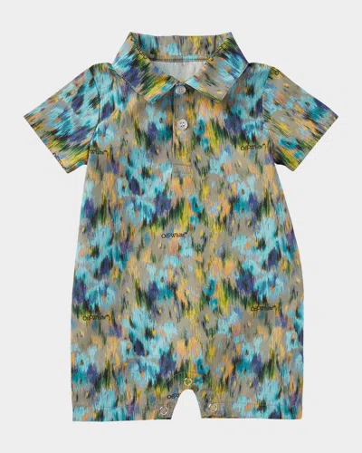 Off-white Kids' Boy's Watercolor Logo Cotton Romper In Blue