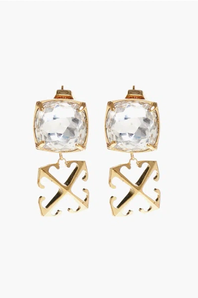 Off-white Brass Earrings With Golden Pendant And Crystal