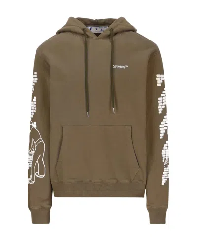 Off-white Bricks-print Drop-shoulder Hoodie In Green