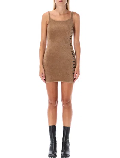 OFF-WHITE BROWN SLOGAN DETAIL FUZZY MINI DRESS