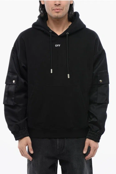 Off-white Brushed Cotton Hoodie With Bomber Sleeves