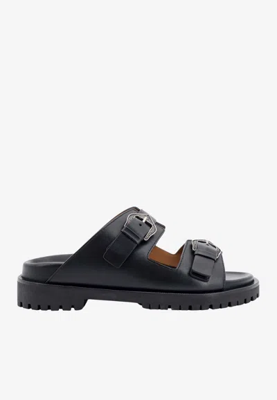 OFF-WHITE BUCKLE-STRAP LEATHER FLAT SANDALS