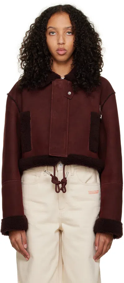 Off-white Cropped Faux Shearling-trimmed Suede Jacket In Burgundy
