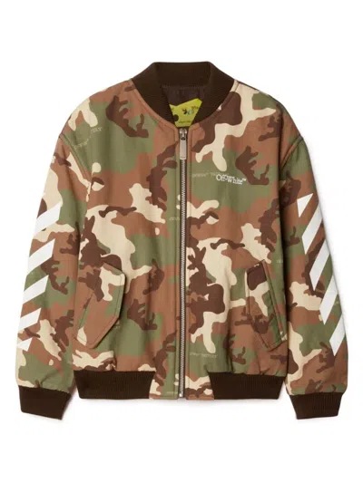 Off-white Kids' Camouflage Bomber Jacket With Logo And Diagonal In Brown