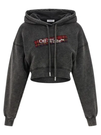 Off-white Cropped Black Hoodie With Red Tartan Patch In Gray