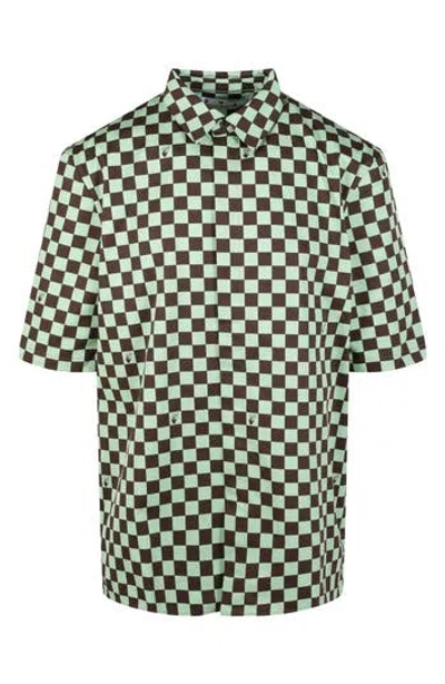 Off-white Check Over Short Sleeve Cotton Button-up Shirt In Green