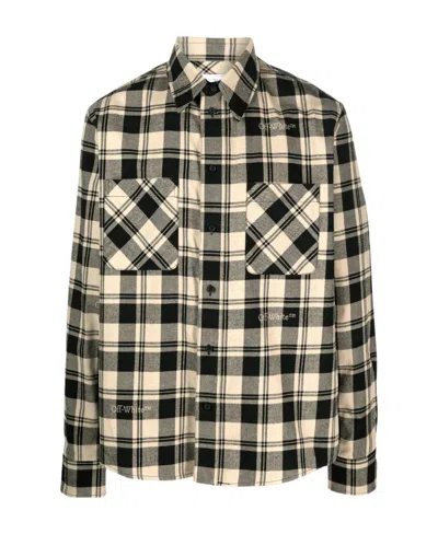 Off-white Checked Long-sleeved Flannel Shirt In Brown
