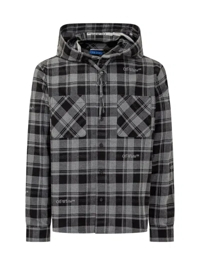 Off-white Checked Overshirt With Hood In Grey