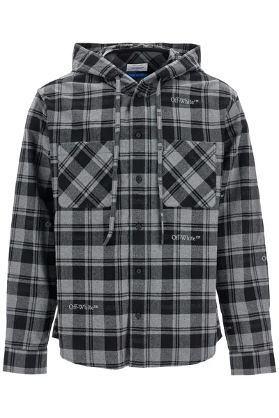 Off-white Checked Overshirt With Hood In Grey
