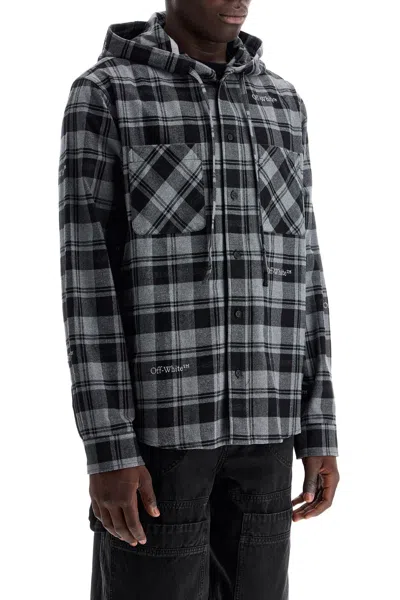 Off-white Checked Overshirt With Hood In Grey