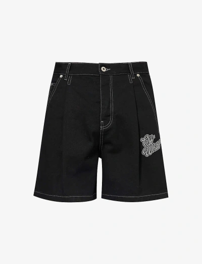 Off-white 90s Logo-embroidered Denim Shorts In Raw Black Angora