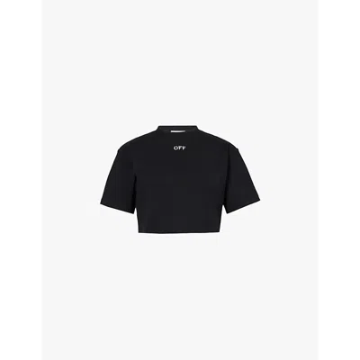 OFF-WHITE OFF-WHITE C/O VIRGIL ABLOH WOMEN'S BLACK WHITE STAMP BRAND-EMBROIDERED COTTON-BLEND JERSEY T-SHIRT