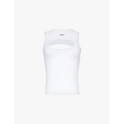 Off-white Stamp Brand-embroidered Cotton-blend Jersey Top In White Black