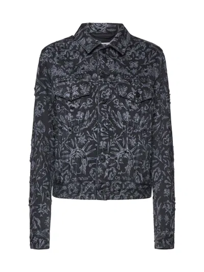 Off-white Distressed Denim Jacket With Tattoo Motif In Black