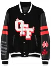 Off-white Dices Lea Varsity Jacket In 100% Leather Sleeves Feature Contrast Stripes And Additional Logo Patches.