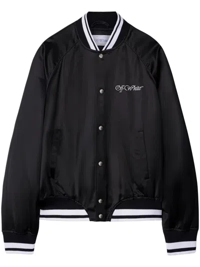 Off-white College Satin Souvenir Bomber Jacket In Black