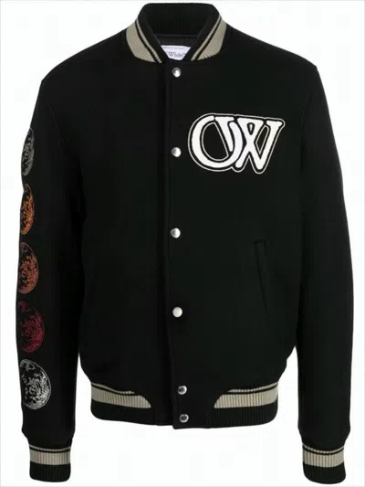 OFF-WHITE CONTRAST-TRIM BLACK WOOL BLEND BOMBER JACKET