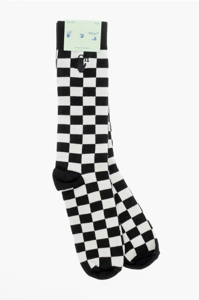 Off-white Cotton Blend Hand Of Check Mid Socks In Multi