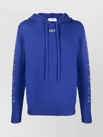 Off-white Blue Knit Hoodie With Arrows Embroidery And Drawstring Hood For Men In Azul