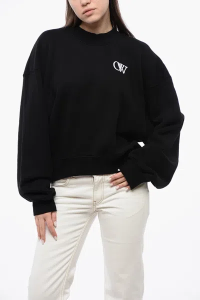Off-white Cotton Crew-neck Sweatshirt With Contrast Embroidery In Black