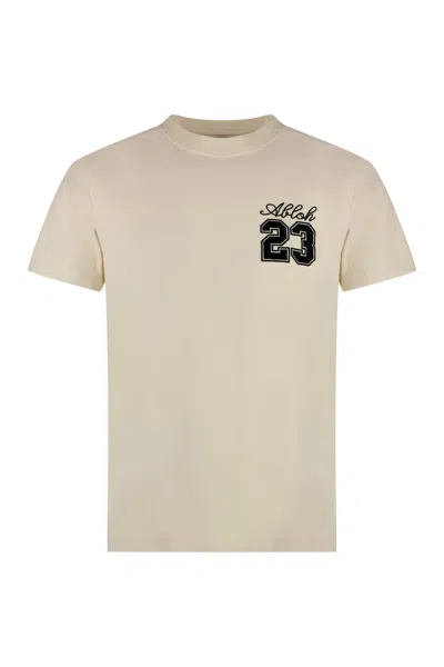 Off-white Cotton Crew-neck T-shirt In Angora/black