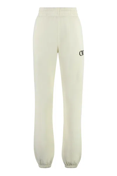 Off-white Cotton Sweatpants For Women With Velvet Print And Elastic Cuffs In Panna