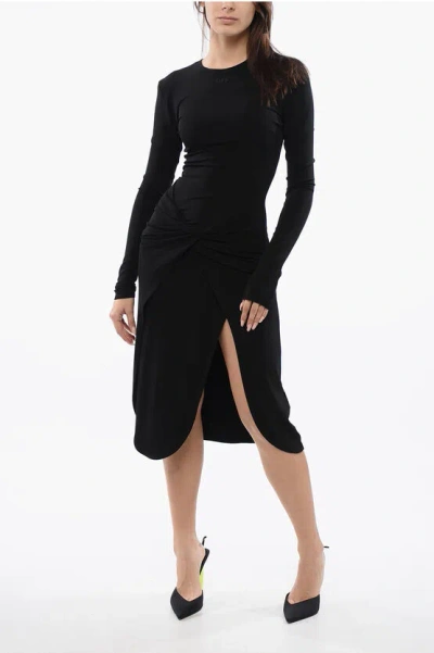 Off-white Crepe Viscose Twist Wrap Midi Dress In Black