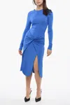 Off-white Off-stamp Twisted Crepe Long-sleeve Midi Dress In Blue