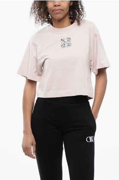 Off-white Crew-neck Crop T-shirt With Rhinestones Embellished Logo In Pink