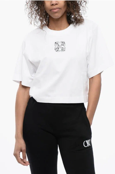 Off-white Crew-neck Crop T-shirt With Rhinestones Embellished Logo In White