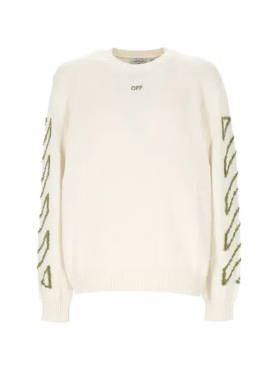 Off-white Diagonal Knit Crew Neck Sweater Ribbed In Neutral