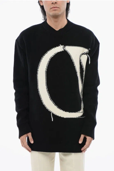 Off-white Crewneck Wool Sweater With Maxi Logo Embroidery In Black