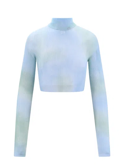 Off-white Top Crop Fit Con Effetto Tie-dye In Blue