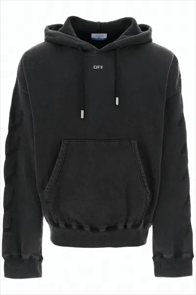 OFF-WHITE CROPPED BLACK HOODIE WITH EMBOSSED DETAILING AND GRAPHIC PRINT