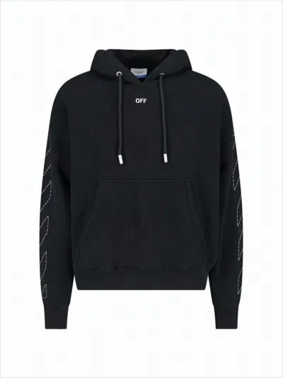 Off-white Cropped Black Hoodie With Geometric Stitching And Distinctive Logo