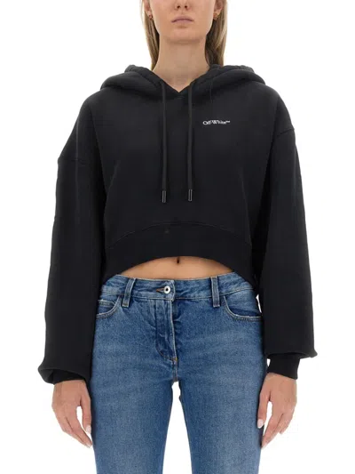 Off-white Cropped Black Sweatshirt With Hood And Drawstring