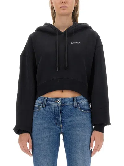 Off-white Cropped Black Sweatshirt With Hood And Drawstring