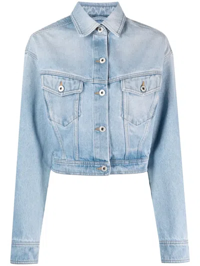 Off-white Toy Box Splatter Paint Crop Denim Jacket With Detachable Hood In Light Blue