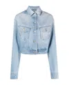Off-white Toy Box Splatter Paint Crop Denim Jacket With Detachable Hood In Blue