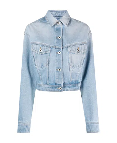 Off-white Toy Box Splatter Paint Crop Denim Jacket With Detachable Hood In Light Blue