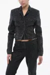 Off-white Cropped Fit Bling Denim Jacket With Rhinestones In Black