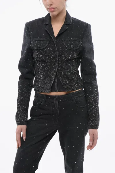 Off-white Cropped Fit Bling Denim Jacket With Rhinestones In Black