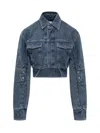 Off-white Cropped Denim Moto Jacket With Front Cutout In Blue