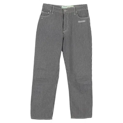Off-white Cropped Striped High Rise Straight Leg Jeans In Light Blue Cotton