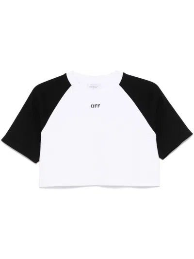 Off-white Cropped T-shirt With Contrasting Fabric Sleeves And Embroidered Logo