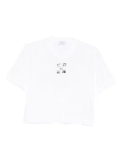 OFF-WHITE CROPPED T-SHIRT WITH SILVER GRAPHICS