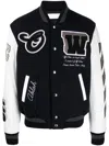Off-white Leather And Wool Varsity Bomber In Blau