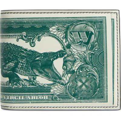 Off-white Currency Print Leather Bifold Wallet In White - Forest Green